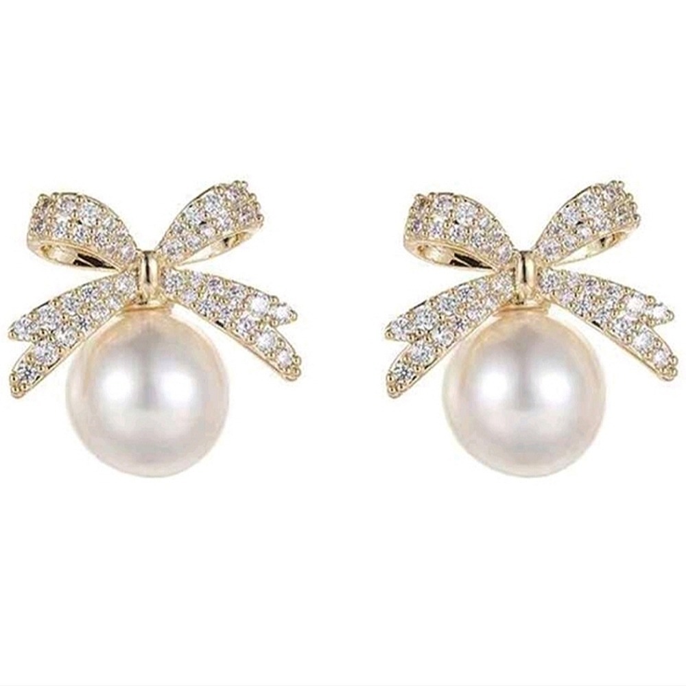 Gold Bow Stud Earrings 18K Faux Pearl Rhinestone Coquette Romantic 💖 - Picture 5 of 13